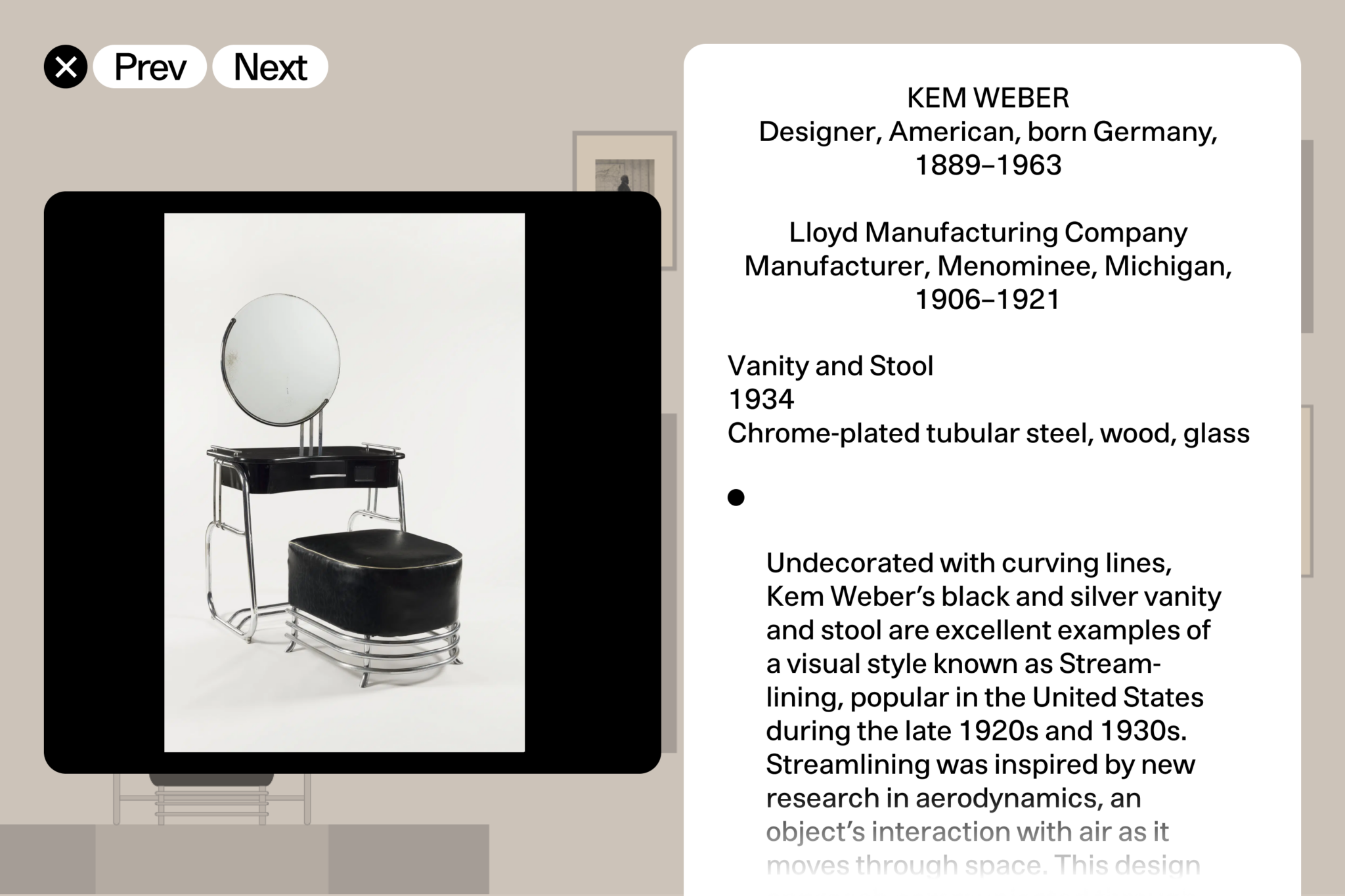 Kem Weber Vanity and Stool Label
